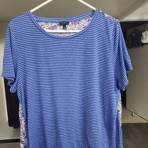 Talbots Blue and White Striped Tee with Floral Accents